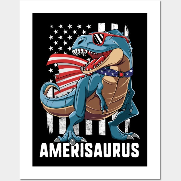 T Rex Dinosaur American Flag 4th Of July Gift For Kids Boys Wall Art by HCMGift